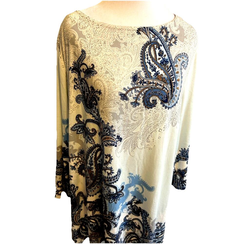 Chicos Tunic Top Boho Paisley Artsy Slinky Stretch Travel Friendly Coastal 3 XL